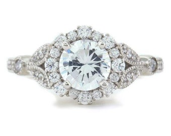 Vintage Floral Style Halo Diamond and Moissanite Engagement Ring - Lilly