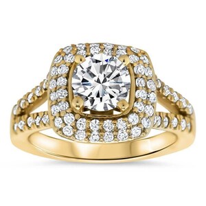 Diamond Pave Halo Split Shank Moissanite Engagement Ring -  Bobbi