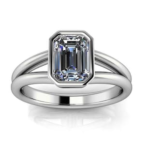 Bezel Set Emerald Cut Moissanite Solitaire Engagement RIng - Levi