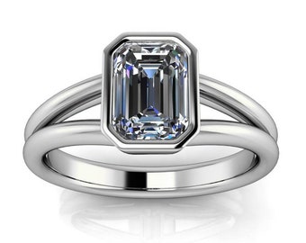 Bezel Set Emerald Cut Moissanite Solitaire Engagement RIng - Levi