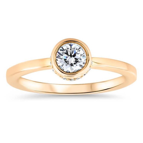 Hidden Halo Engagement Ring Bezel Set Moissanite Center Stone Thin