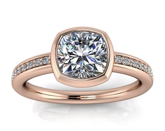 Moissanite Engagement Ring // Diamond Engagement Ring // Cushion Cut bezel set Engagement Ring // Cushion Moissanite