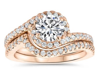 Bypass Diamond Halo Engagement Ring and Wedding Band - Whirlwind Matching Set