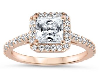 Princess Cut Forever One Moissanite and Diamond Halo Engagement Ring - Prima