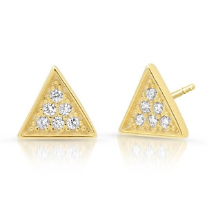 Triangle Pave Stud Earrings, Diamond and Gold Studs, Pyramid Shape Modern Style