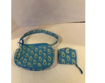 Vera Bradley Bermuda Blue Paisley Small Cotton Shoulder Bag & Wallet Retired
