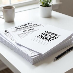 May include: A stack of white paper documents featuring black printed text. The top sheet is titled EMERGENCY SUB PLAN PACKET with lines below. Underneath are sheets labeled LESSON SCHEDULE TEMPLATES and DAILY ROUTINE. A black pen rests nearby.