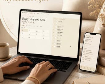 May include: A laptop and a smartphone displaying a digital planner titled My Global Project. The screen shows a calendar interface with the text Everything you need, right inside, alongside a sidebar listing sections like Annual View, Monthly, and Daily. The smartphone screen displays a daily schedule for Tuesday, May 12, 2026, with a list of tasks and hourly time slots.