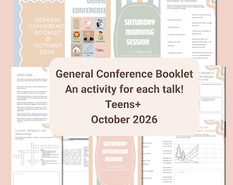 May include: A General Conference Booklet for October 2026 featuring activity pages for teens. The pages include a snack guide, crossword puzzles, word searches, and song lyrics with a soft colour palette of beige, blue, and green tones.