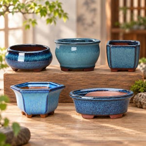Pode incluir: Uma coleção de cinco vasos de cerâmica para bonsai em vários tons de azul, incluindo formas redondas, quadradas e hexagonais. Cada vaso apresenta um acabamento esmaltado brilhante, um interior liso e pequenos pés na base, exibindo uma mistura de tons azul-marinho e azul-claro.
