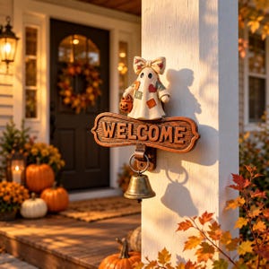 Puede incluir: Un letrero decorativo de pared con una figura de fantasma con un lazo y un pequeño cubo de calabaza, colocado sobre una placa con textura de madera con la palabra WELCOME en letras en relieve y una campana de latón colgando en el centro.