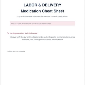 May include: A white document titled LABOR & DELIVERY Medication Cheat Sheet with the subtitle A practical bedside reference for common obstetric medications. It includes a pink header bar, nursing education text, and 8.5 x 11 in dimensions.
