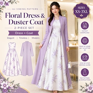 Puede incluir: Un patrón de costura en PDF para un conjunto de dos piezas de vestido floral y abrigo largo. El conjunto incluye un vestido blanco sin mangas con estampado floral morado y un abrigo liso de color morado claro con mangas largas. Tallas XS a 3XL.