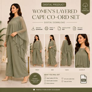 May include: A digital product listing for a layered cape co-ord set in sage green. The set includes a sleeveless top with a flowing cape overlay and wide-leg trousers. The image displays front, side, and back views, plus a close-up of the fabric.