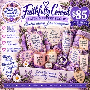 May include: A Faith Mystery Scoop gift box containing 18-21 items including a spiral notebook, canvas pouch, tumbler, pink mug, candle, pen, beaded cross bracelet, and a purple towel, all featuring lavender floral designs and faith-based text.
