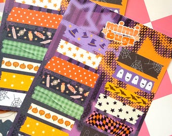 May include: Two rectangular sticker sheets labeled mimi bugz featuring horizontal strips with Halloween patterns including purple witch hats, orange stars, polka dots, candy, green plaid, pumpkins, spider webs, ghosts, bats, and checkered prints.
