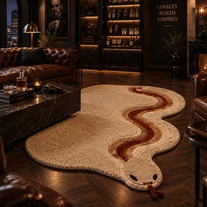 Puede incluir: Una alfombra grande con forma de serpiente en color beige y textura de pelo largo. La alfombra presenta un cuerpo largo y sinuoso con una franja central de color marrón oscuro degradado y una lengua bífida de color rojo oscuro.