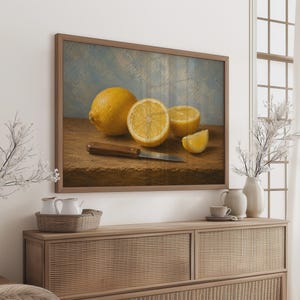 Lemon Still Life Poster, Classical Oil Painting Print, Yellow Fruit Kitchen Decor, Realistic Citrus Wall Art, Rustic Wood Table Art Print