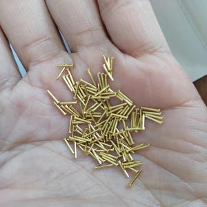 May include: A collection of small, gold-coloured metal rivets or pins with flat, circular heads and thin, straight shafts. These tiny hardware components are scattered in a cluster, showcasing their metallic finish and uniform cylindrical shape.