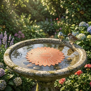 Pode incluir: Um disco flutuante de cor cobre para banho de pássaros em forma de flor com pétalas pontiagudas. O centro do disco apresenta o texto Bird Bath e um design circular menor. Flutua num banho de pássaros de pedra cheio de água e seixos.