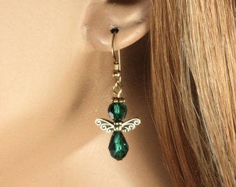 May Birthstone Angel Earrings • Emerald Swarovski Crystal Earrings • St. Patrick's Day Earrings • Irish Angel Earrings • Angel Jewelry