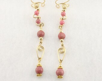 Pink Gemstone and 14KT Gold Filled Pair Ear Cuffs • Gold Ear Cuff • Rhodonite Gemstone Ear Cuff • Non Pierced • Celtic Cuff • Wire Cuff