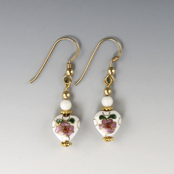 White Cloisonné Heart Earrings - Valentine Heart Earrings - 14 KT Gold Filled Earrings - Valentine Jewelry - Gift for Her - Valentine's Gift