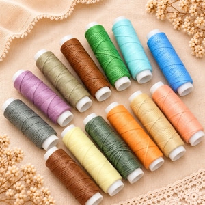Op de afbeelding: Een verzameling van twaalf cilindrische klossen garen in diverse kleuren, waaronder tinten bruin, groen, blauw, geel, oranje en paars. Elke klos heeft een witte plastic kern en is omwikkeld met een glad, strak gewonden koord.