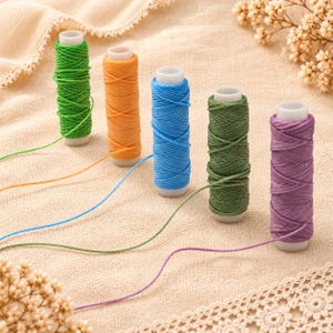 May include: Five cylindrical spools of cord arranged in a row, featuring vibrant colors including bright green, orange, sky blue, olive green, and purple. Each spool is wrapped with a matching colored cord that extends outward from the base.
