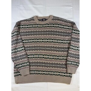 Vintage Dockers Herrenpullover aus den 90er Jahren, Größe L, Baumwolle, Fair-Isle-Muster, Rundhalsausschnitt, Hellbraun, Grün, Burgunderrot