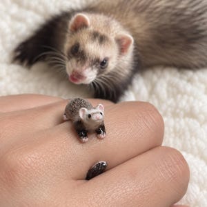 Op de afbeelding: Een verstelbare ring met een klein, gedetailleerd fretfiguurtje met bruine, zwarte en witte vacht. De fret is in rusthouding afgebeeld met de voorpoten naar voren gestrekt, terwijl de staart om de andere kant van de ringband heen krult.