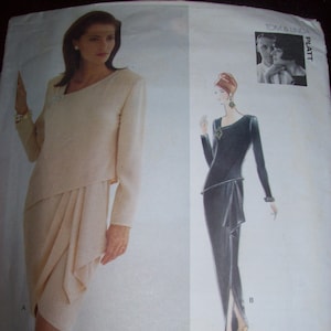 May include: A sewing pattern for a dress with two different styles. The first style is a white dress with a draped skirt and a long sleeve top. The second style is a black dress with a draped skirt and a long sleeve top. The pattern is from Vogue Attitudes by Tom & Linda Platt.