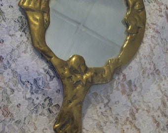 Vintage Brass Hand Mirror / W. W. E. Rwyne Co. Inc. / Korea/ Cresent Moon/ Mime/ Removable Mirror/ Wall Decor/ Art Nouveau / Vanity Mirror