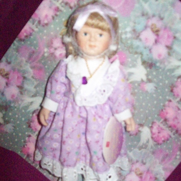 Vintage Porcelain Doll in Purple Dress Birthday Month of February Doll Wearing Amethyst Heart Necklace/ Russ Berrie 8" Doll and Stand