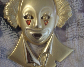 Mime or Clown Brooch Pin /Large Gold tone Brooch Pin/ Vintage Statement Brooch Jewelry