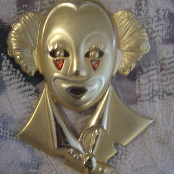 Mime or Clown Brooch Pin /Large Gold tone Brooch Pin/ Vintage Statement Brooch Jewelry