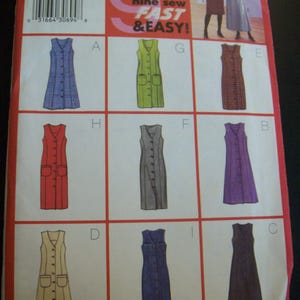 May include: A Butterick sewing pattern featuring nine dress designs. The pattern includes various styles, such as a blue plaid dress, a green dress with pockets, and a brown checkered dress. The text "FAST & EASY!" is prominently displayed.