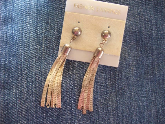 Dangle Earrings Post-Silver tone Herringbone Frin… - image 1