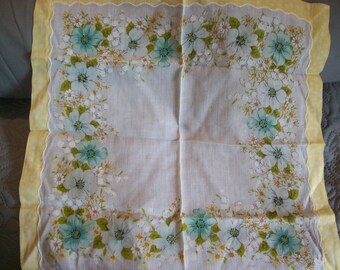 Pañuelo - Borde de cuadros amarillos - Estampado floral de margaritas - Lino vintage