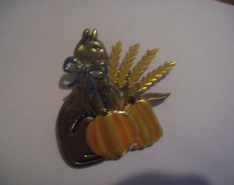 Halloween Cat Brooch Pin with Pumpkins and Harvest Wheat/ Fall Jewelry/ Vintage Pin by KC