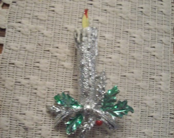 Gerry's Brooch/ Holiday Christmas Candle/ Silver tone and Holly / Vintage Jewelry Pin Brooch