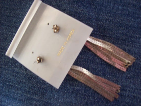 Dangle Earrings Post-Silver tone Herringbone Frin… - image 3