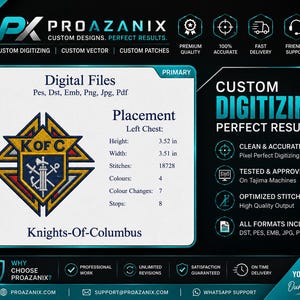 May include: A digital embroidery file design for the Knights of Columbus emblem featuring a yellow, blue, and red shield with a sword, anchor, and axe. The graphic includes technical specifications: 3.52 in height, 3.51 in width, 18728 stitches, 4 colors, 7 color changes, and 8 stops.