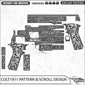 May include: A black and white digital vector file featuring a Colt 1911 pattern and scroll design. The image displays various disassembled firearm components decorated with intricate floral scrollwork, labeled as friendly for Inkscape and EZCAD tested.