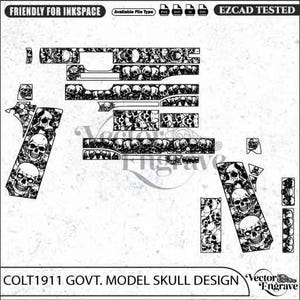 May include: A black and white vector engraving pattern featuring a dense skull design for a Colt 1911 government model pistol. The layout includes various rectangular and shaped segments for firearm components, labelled with text including EZCAD TESTED.