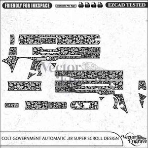 Könnte beinhalten: Eine schwarz-weiße digitale Vektordatei mit einem Gravurmuster für eine Colt Government Automatic .38 Super. Das Design enthält verschiedene Bauteilformen mit komplexen floralen Motiven und ist als kompatibel mit Inkscape und EZCAD gekennzeichnet.