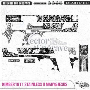 Puede incluir: Un archivo vectorial digital en blanco y negro para grabado láser con volutas intrincadas, imágenes religiosas que incluyen a María y Jesús, una parca, un reloj de arena y una cruz, diseñado para el armazón de una pistola Kimber 1911 Stainless II.