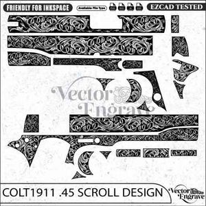 May include: A black and white digital vector file featuring a detailed scrollwork pattern designed for a Colt 1911 .45 pistol. The image displays various component shapes covered in intricate floral engravings, with text labels including Friendly for Inkscape, EZCAD Tested, and Colt 1911 .45 Scroll Design.