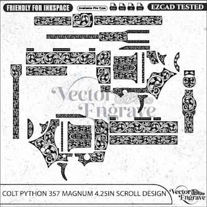 May include: A black and white digital vector file featuring a detailed scrollwork engraving pattern designed for a Colt Python 357 Magnum 4.25in revolver. The layout includes various component shapes covered in intricate floral and leaf motifs.