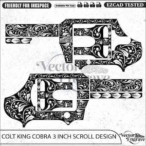 Könnte beinhalten: Eine schwarz-weiße digitale Vektorgrafik mit einem 3-Zoll-Scroll-Design für den Colt King Cobra. Das Kunstwerk zeigt komplizierte florale Rankenmuster auf der Silhouette eines Revolvers, ergänzt durch Dateiformat-Symbole und Textbeschriftungen.